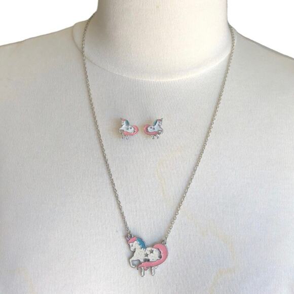 Magical Peach Pink Turquoise Star Glitter Unicorn Necklace And Post Earrings - Picture 3 of 14